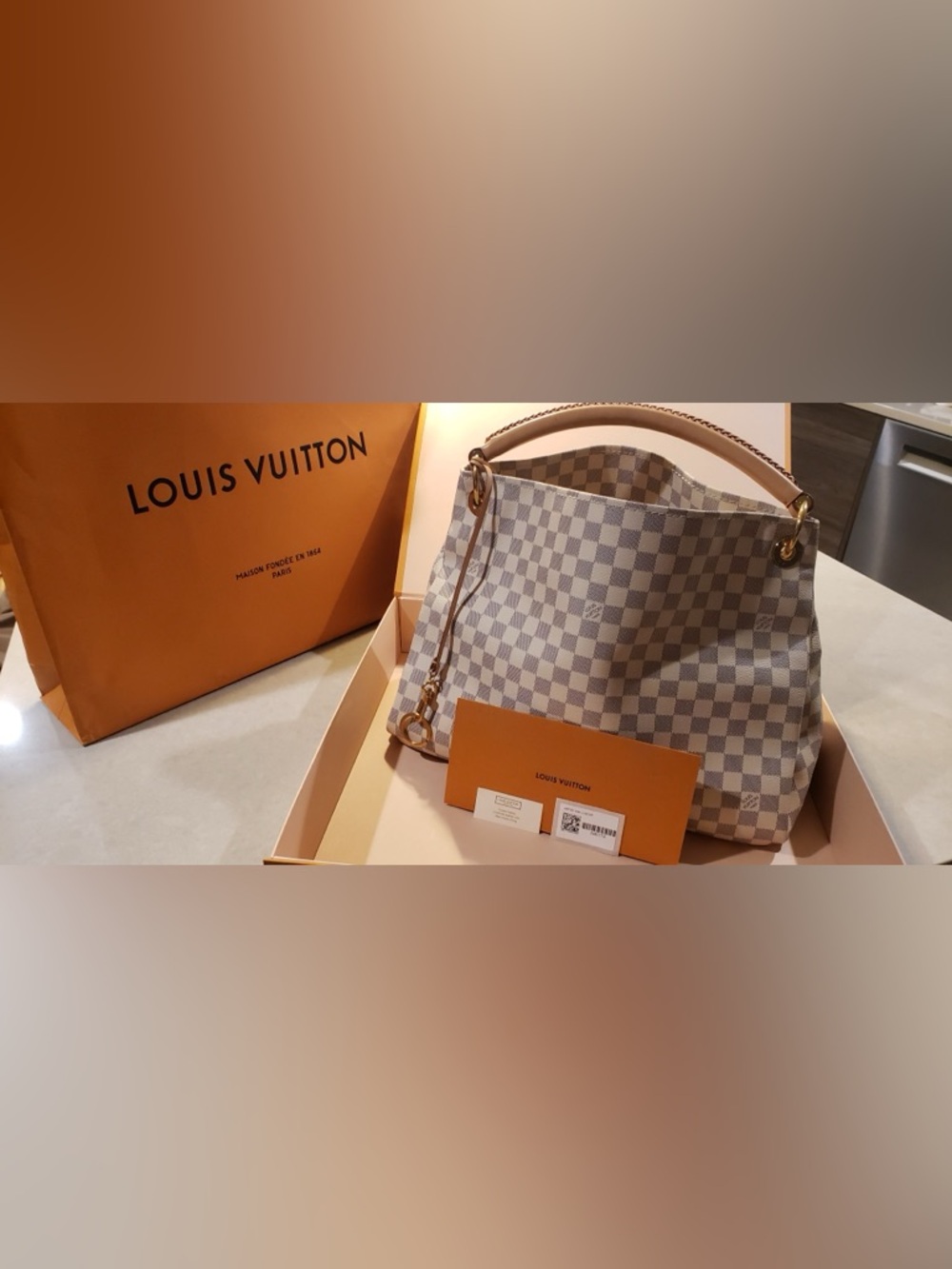 Louis Vuitton Damier Azur Check Hobo Shoulder Bag with Tan Trim - Picture 2 of 16